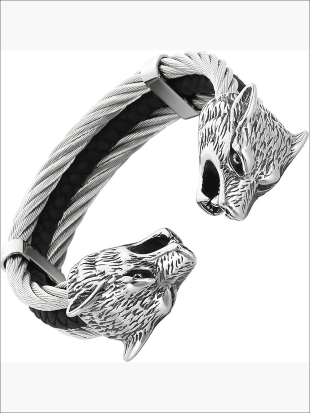 316L Stainless Steel Leather Wolf Head Cuff Bracelet Viking Tribal